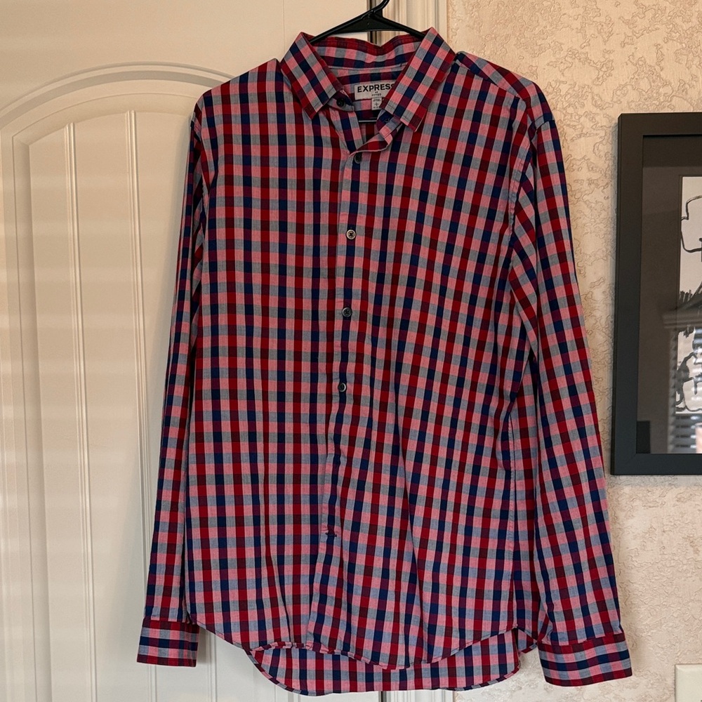 Express Men's Vibrant Red and Blue Plaid Shirt